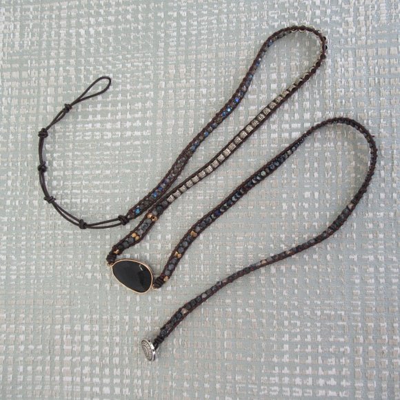 NAKAMOL Faceted Crystal Natural Stones Beads and Leather Mix Wrap Bracelet Black - Picture 4 of 6